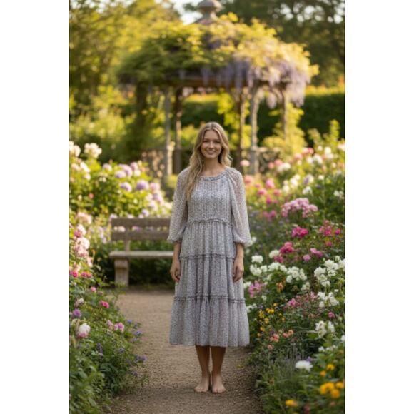 Jessakae The Food Nanny Paris tiered pink floral maxi dress sz large $162 new